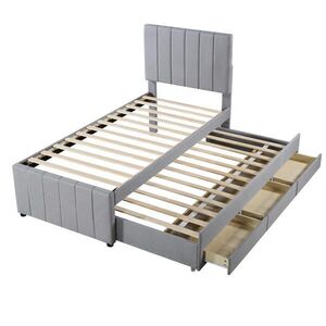 OKWISH ČALOUNĚNÁ postel 90/200 cm šedá z MDF a lnu s výsuvným lůžkem a 3 zásuvkami obraz