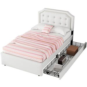 OKWISH ČALOUNĚNÁ postel 90/200 cm světle béžová z MDF a lněné tkaniny se 2 zásuvkami obraz