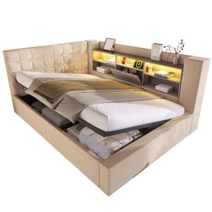 OKWISH ČALOUNĚNÁ postel 140x190 cm béžová z lnu, kovu a dřeva s LED osvětlením a úložným prostorem obraz