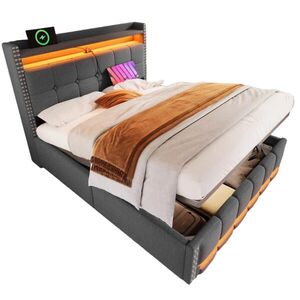 OKWISH ČALOUNĚNÁ postel 160/200 cm šedá z látky s LED osvětlením, USB a úložným prostorem obraz