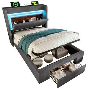 OKWISH ČALOUNĚNÁ postel 90x200 cm šedá z lnu s hydraulickým úložným prostorem, LED a USB-C obraz