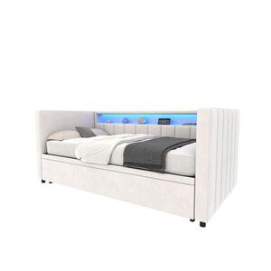 OKWISH ROZKLÁDACÍ pohovka 90/190 cm béžová z sametu s LED osvětlením, USB-C a úložným prostorem obraz