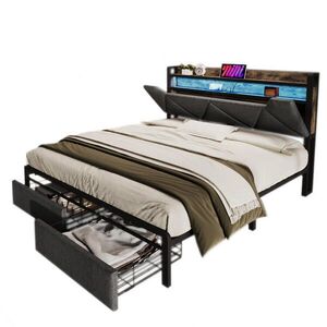 OKWISH ČALOUNĚNÁ postel 140/200 cm šedá z lnu s úložným čelem, LED osvětlením, USB a zásuvkami včetně matrace obraz