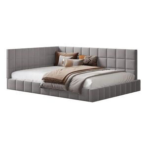 OKWISH DENNÍ postel 140/200 cm šedá z čalouněné tkaniny s roštem a variabilní opěrkou obraz