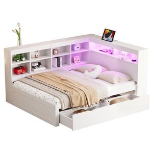 OKWISH MULTIFUNKČNÍ postel 140/200 cm bílá z masivního dřeva s USB zásuvkou, LED osvětlením a úložným prostorem obraz