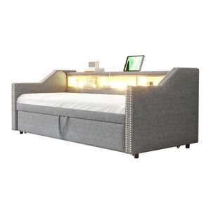 OKWISH ROZKLÁDACÍ postel 90/180 x 190 cm světle šedá z lněné tkaniny s LED a USB obraz
