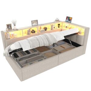 Redom POSTEL 90/200 cm s LED osvětlením, USB a USB-C porty, hydraulickým úložným prostorem a bočními přihrádkami, Béžová obraz