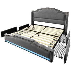 Redom ČALOUNĚNÁ postel 140/200 cm s LED osvětlením, USB a Type-C porty, 4 zásuvkami a úložným prostorem, Šedá obraz