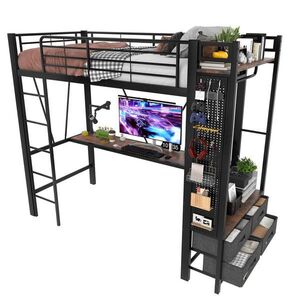 Redom VYSOKÁ postel 90/200 cm z kovu a MDF s pracovním stolem, úložným prostorem, LED osvětlením a USB TYPE-C, Černá obraz