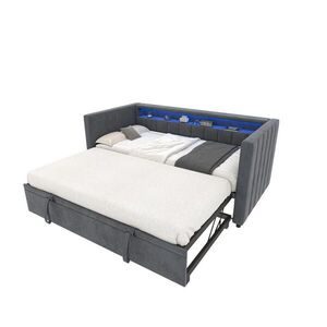 Redom ROZKLÁDACÍ pohovka 90/190 cm s výsuvným lůžkem, LED osvětlením, USB-Type-C a úložným prostorem, Tmavě šedá obraz