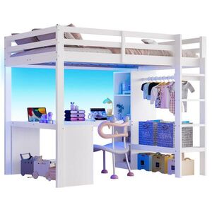 Redom VYSOKÁ postel 140/200 cm s psacím stolem, LED osvětlením, USB a policemi, masivní dřevo/MDF, Bílá obraz