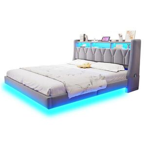 Redom ČALOUNĚNÁ postel 180/200 cm s LED osvětlením, zásuvkou, USB-C a úložným čelem, Světle šedá obraz