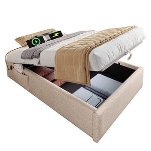 Redom ČALOUNĚNÁ postel 90/190 cm s USB a Type-C nabíjením, hydraulickým úložným prostorem a plným lamelovým podkladem, Béžová a přírodní obraz