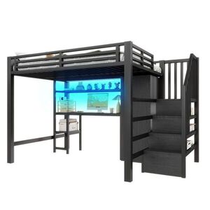 Redom VYSOKÁ postel 140x200 cm s LED osvětlením, psacím stolem, policí, skříní a úložným schodištěm, Černá obraz