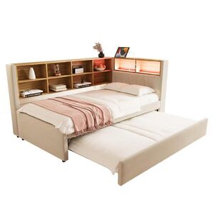 Redom POSTEL 90/200 cm s výsuvným lůžkem 90/190 cm, LED osvětlením a úložným prostorem, Béžová obraz