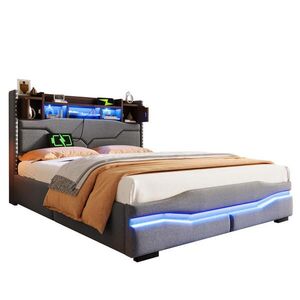 Redom ČALOUNĚNÁ postel 140/200 cm s LED osvětlením, USB-C a hydraulickým úložným prostorem, Šedá obraz