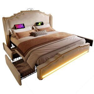Redom ČALOUNĚNÁ postel 160/200 cm s LED osvětlením, USB a Type-C porty, 4 zásuvkami a úložným prostorem, Béžová obraz