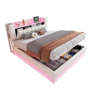 Redom ČALOUNĚNÁ postel 180/200 cm s LED osvětlením, USB porty a hydraulickým úložným prostorem, Béžová obraz