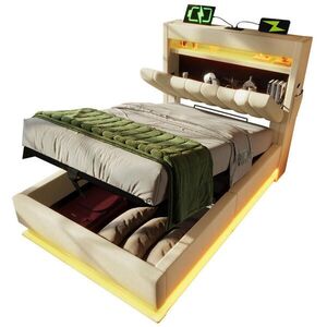 Redom ČALOUNĚNÁ postel 90/200 cm z lnu s LED osvětlením, USB a USB-C, hydraulickým úložným prostorem, Béžová obraz
