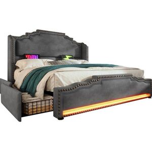 Redom ČALOUNĚNÁ postel 160/200 cm s LED osvětlením, USB a USB-C porty, 4 zásuvkami a úložným prostorem, Šedá obraz