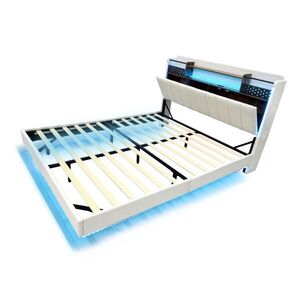 Redom ČALOUNĚNÁ postel 140/200 cm s LED osvětlením, USB portem a úložným čelem, Béžová obraz