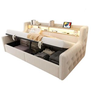 Redom POSTEL 90/200 cm s hydraulickým úložným prostorem, LED osvětlením, zásuvkou a USB-C portem, Béžová obraz