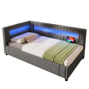 Redom ČALOUNĚNÁ postel 90/200 cm s LED osvětlením, USB a TYPE-C, hydraulickým úložným prostorem, Šedá obraz