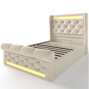Modfu ČALOUNĚNÁ postel 90x200 cm z sametu béžová s LED osvětlením, USB a Type-C nabíjením, hydraulickým úložným prostorem obraz