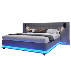 Modfu ČALOUNĚNÁ postel z lnu a MDF 180x200 cm šedá s LED osvětlením, USB portem a čtecím spotem obraz