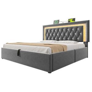 Modfu ČALOUNĚNÁ postel z veluru 160x200 cm šedá s LED osvětlením, USB a USB-C, hydraulickým úložným prostorem obraz