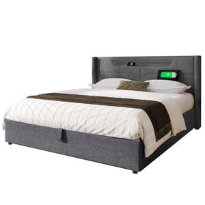 Modfu ČALOUNĚNÁ postel z lnu 160x200 cm šedá s LED osvětlením, USB a USB-C portem, úložným prostorem obraz