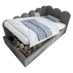 Modfu DĚTSKÁ postel z sametu 90x190 cm šedá s hydraulickým úložným prostorem a kovovým roštem obraz