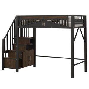Modfu VYVÝŠENÁ postel z kovu a dřeva 90x200 cm černá s úložným schodištěm, bezpečnostním zábradlím a prostorem pod lůžkem obraz