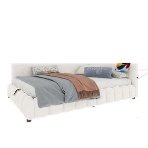 Modfu ČALOUNĚNÁ postel z vliesimitatu a MDF 140x200 cm bílá s LED osvětlením, USB a Typ-C, hydraulickým úložným prostorem obraz