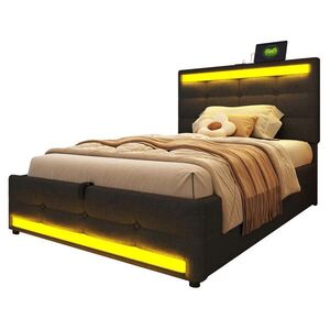 Modfu ČALOUNĚNÁ postel z lněné tkaniny 90x200 cm šedá s RGB LED osvětlením, 2 USB porty a nastavitelným čelem obraz