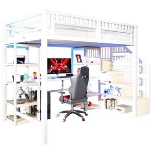 Modfu PATROVÁ postel z kovu a MDF 140x200 cm bílá s LED osvětlením, USB porty, psacím stolem a úložnou žebříkovou skříňkou obraz