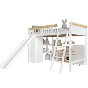 Modfu PATROVÁ dětská postel z borovice a MDF 90x200 cm bílá/přírodní se skluzavkou, skříní a úložnou skříňkou obraz