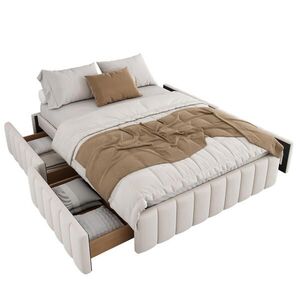 Modfu ČALOUNĚNÁ postel ze sametu 140x200 cm béžová se 4 zásuvkami, roštem a úložným prostorem v minimalistickém stylu obraz