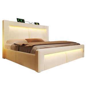 Modfu ČALOUNĚNÁ postel ze sametu 160x200 cm béžová s LED osvětlením, USB a Type-C, hydraulickým úložným prostorem obraz