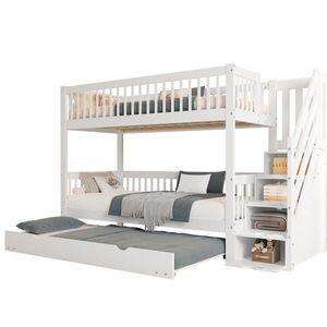 Modfu PATROVÁ postel s výsuvným lůžkem z borovice a MDF 90x200 cm bílá s úložným schodištěm a zábranami obraz