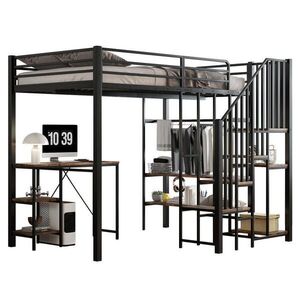 Modfu PATROVÁ postel z kovu a MDF 120x200 cm černá s psacím stolem, otevřenou šatní skříní, regálem a schodištěm se 4 stupni obraz