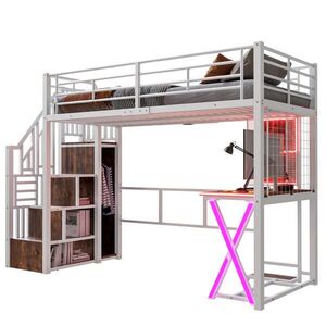 Modfu PATROVÁ postel z kovu a MDF 90x200 cm bílá s LED osvětlením, psacím stolem, úložným žebříkem a skříní obraz