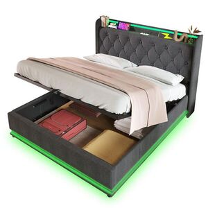 Modfu ČALOUNĚNÁ postel z lnu 140x200 cm šedá s LED osvětlením, USB a úložným prostorem, včetně matrace obraz