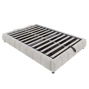 Modfu ČALOUNĚNÁ postel z flanelu 140x200 cm béžová s LED osvětlením, hydraulickým úložným prostorem a bez čela obraz