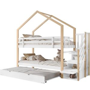 Modfu PATROVÁ postel z masivního dřeva a MDF 255x95, 5x223, 5 cm bílá a přírodní s výsuvným lůžkem, schodištěm a úložným prostorem obraz