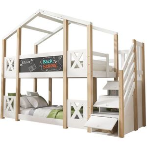 Modfu PATROVÁ postel z borovicového masivu 90x200 cm bílá/přírodní se schodištěm, úložným prostorem a tabulí obraz