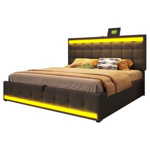 Modfu ČALOUNĚNÁ postel z lněné tkaniny 180x200 cm šedá s RGB LED osvětlením, USB porty a nastavitelným čelem obraz