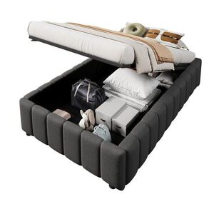 Modfu ČALOUNĚNÁ postel z lnu a MDF 90x200 cm šedá s hydraulickým úložným prostorem, bez čela obraz