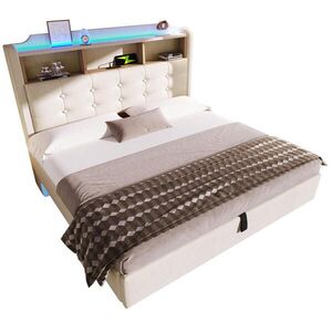 Modfu ČALOUNĚNÁ postel z lnu a MDF 140x200 cm béžová s LED osvětlením, hydraulickým úložným prostorem, USB a USB-C obraz