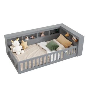 Modfu DENNÍ postel z dřevotřísky a MDF 90x200 cm šedá s roštem, USB, zásuvkou, úložným prostorem a výsuvnou bočnicí obraz